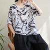 Toma Real de Camiseta Casual de Manga Corta de Algodón y Lino de Talla Grande, Holgada, Cuello Redondo, Estilo Literario Retro, Lista para el Verano 2025 para Mujer