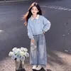 Conjunto de Chicas 2026 Estilo Universitario Top con Cuello Polo Jeans con Lazo Conjunto de Dos Piezas de Moda Tendencia