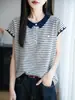 Top Artístico de Bambú y Lino con Cuello Polo Botones Rayas Manga Corta Holgado Transpirable Adelgazante para Mujer