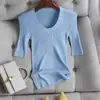 Lavável à Máquina 100% Lã Merino Fio Yangzi Gola U Costela Vertical Manga Curta Camiseta de Tricô Manga Curta para Mulheres, Nova para Primavera e Verão