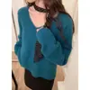 Tricô Azul Pavão com Gola Alta Feminino Outono e Inverno Preguiçoso Cor Lisa Tricô 2025 Nova Camisa Básica Solta Manga Longa