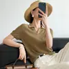 Estilo Clássico Old Money~Camiseta Simples de Alta Qualidade com Gola Polo Reversível, Top de Tricô de Manga Curta em Linho de Liocel para Mulheres no Verão