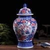 Esmalte azul e branco vermelho grande jarra geral Jingdezhen porcelana chinês ornamentos sala de estar mobiliário de escritório artesanato