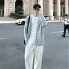 Jaqueta Suéter Cardigan Tricotado Cinza Casual Estilo Americano para Homens e Mulheres, Roupa Externa com Gola Xale de Manga Longa para Primavera e Outono, Roupa de Proteção Solar