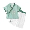 Conjunto Hanfu Bordado Estilo Chino para Niños, Top de Manga Corta para Bebé, Estilo Delgado de Verano, Pantalones Cortos para Niños, Traje Tang de Dos Piezas para Bebé