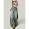 Jeans de mezclilla retro de calle azules rotos de pierna ancha curvada para mujer, pantalones holgados de cintura alta modernos estilo americano