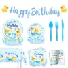 Paquete de Decoración de Cumpleaños Nuevo Patito Amarillo de Amazon Tema Vasos de Papel Desechables, Servilletas de Papel, Platos de Papel, Banderines y Banderas