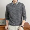Suéter de Punto Falso de Dos Piezas para Hombre 2026 con Cuello de Camisa, Forro Polar, Engrosado, Camiseta de Manga Larga, Ropa Cálida para Hombre para Otoño e Invierno