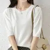 Top de Punto Floral de Algodón Lyocell de Verano Versátil Color Sólido Simple Cuello Redondo Manga Abullonada Manga Corta Estilo Coreano para Mujer