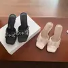 Mules Cuadradas de Satén Estilo Francés para Mujer, Nuevo Modelo Verano 2025, Elegante Diseño de Pétalos con Pedrería, Adecuadas para Combinar con Vestidos, Tacones Altos