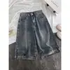 Shorts de mezclilla invertidos estilo retro americano para mujer, verano, corte holgado, cintura alta adelgazante, pantalones rectos de pierna ancha sueltos de seis puntos