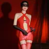 Saia Bodycon com Gola Halter Cruzada 6D Óleo de Cavalo com Meia-Calça Integrada, Revelando Peito e Costas, Brilhante, Fenda na Virilha Aberta, Sedutora e Sexy, Não Precisa Tirar