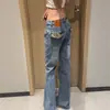 Jeans Rectos de Pierna Recta con Estampado de Leopardo Retro Patchwork de Cintura Alta Estilo Coreano para Mujer Otoño Pantalones Rectos Elásticos Adelgazantes