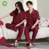 Pijamas de Boda Rojos para Pareja, Uno para Hombre y Uno para Mujer, Cárdigan de Algodón Puro, Manga Corta y Pantalón Largo, Conjunto Festivo para Estar en Casa para el Año de Nacimiento