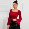 Ropa Femenina Europea y Americana Transfronteriza Otoño e Invierno 2026 Estilo Retro Francés Elegante Camisa Básica de Cuello Cuadrado Top de Terciopelo Rojo
