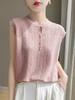 Primavera y Verano Nueva Llegada Lana Peinada Tejida Camiseta Base para Mujer Cuello Redondo Sin Mangas Ropa Exterior Camiseta Costuras de Encaje Estilo Occidental Combinable