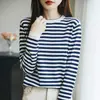 Suéter de punto de algodón puro a rayas de bloques de color estilo coreano, nueva colección otoño/invierno, elegante prenda básica de cuello redondo para mujer, disponible para dropshipping
