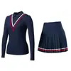 Traje Deportivo para Mujer Traje de Tenis Otoño e Invierno Transpirable de Secado Rápido Traje de Golf Yoga Falda Corta Solapa Manga Larga Conjunto de Dos Piezas