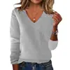 Otoño e Invierno 2025 Transfronterizo Europeo y Americano Casual Nuevo Color Puro Elegante Ropa de Trabajo Cuello en V Jersey Versátil Holgado para Mujer