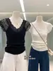 Design de Renda Pura Luxo de Alta Qualidade com Emenda, Tricotado, Manga Curta, Verão 2025, Elegante Decote V, Camisa Feminina, Top