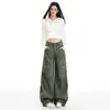 Jeans de Trabalho Verde Militar de Cintura Alta com Design Plissado para Mulheres, Novo Estilo Coreano Outono 2026 Calças de Perna Larga com Bolsos Grandes