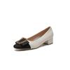 Zapatos de tacón cuadrado de cuero genuino con bloques de color para mujer, nuevos zapatos de tacón alto de empeine bajo, elegantes, estilo Chanel, combinables, de tacón medio, color leche, 2023