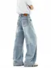 Jeans de estilo americano lavados azul claro con dobladillo curvo para hombre y mujer, pantalones casuales de alta costura para el verano 2026, pantalones anchos sueltos y fluidos