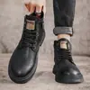 Otoño e Invierno Nuevas Botas de Cuero para Motocicleta de Caña Alta con Cremallera Estilo Vintage Zapatos de Invierno para Hombre Estilo Británico de Caña Media Botas Martin de Trabajo Engrosadas