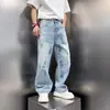 Nuevos jeans de mezclilla rasgados y salpicados de otoño para hombre, estilo coreano, cintura media de moda, pierna ancha holgada, pantalones largos rectos geniales