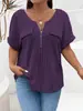 2025 Amazon Primavera/Verano Nuevo Top de Color Sólido Talla Grande para Mujer Cremallera Manga Corta Bolsillo Falso Jersey Camiseta Ajuste Holgado