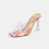 Zapatos de tacón alto abiertos de verano para uso en exteriores, sandalias coloridas y elegantes, sandalias transparentes de cristal de talla grande, suministrados por fabricantes de comercio exterior