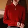 Suéter Pulôver Jacquard Vazado Cor Sólida Botão Gola Alta Estilo Novo 2026, Caimento Solto, Emagrecedor, Estilo Chinês, Tricô 100% Lã