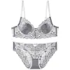 Lingerie Sexy Nova de Verão Transfronteiriça para Mulheres, Conjunto de Lingerie de Renda Ultra-Fina Estilo Francês, Conjunto de Lingerie para Seios Grandes com Efeito Redutor e Anti-Queda