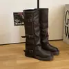 Botas Elegantes de Color Sólido Estilo Vintage con Hebilla, hasta Media Pantorrilla para Mujer, Botas de Montar con Tacón Grueso Otoño 2026, Botas de Moda Versátiles Adelgazantes