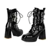 Botas de Tacón Súper Alto con Tira Cruzada hasta Media Pantorrilla para Mujer, Punta Cuadrada, Charol, Botas de Piel para Mujer, Cremallera Lateral, Tacón Cuadrado Versátil, Botas de Caballero de Comercio Exterior para Mujer