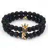 Conjunto de joyería para pareja transfronterizo: Set de pulseras con corona incrustada de diamantes, piedra volcánica mezclada con piedra mate negra, diamante negro