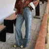 Jeans anchos de moda bordados con flores para mujer, de cintura alta, pantalones largos fluidos con detalles de bordado lateral