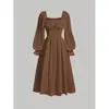 Vestido sexy de moda europea y americana transfronterizo de Amazon, con cuello cuadrado, manga larga, falda plisada en A, ceñido a la cintura