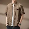 Camisa China de Rayas Verticales Retro con Cuello Mao para Hombre, Nueva Camisa Cardigan Holgada de Tencel Lino Verano 2026