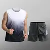 Conjunto esportivo masculino, roupa de secagem rápida, regata e shorts de seda gelada, vestuário de treino de verão para corrida e fitness, atacado de fábrica transfronteiriço
