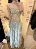 26 Nuevo Vestido Largo Azul Floral de Verano, Top de Tirantes Puro Deseo, Falda Media de Cintura Alta, Falda Larga, Conjunto de Dos Piezas Estilo Vacaciones