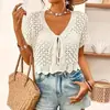 Suéter Feminino 2026 com Toque de Luxo, Cardigã de Tricô Verão com Cadarço e Recortes Vazados de Manga Curta, Blusa Cropped para Férias com Proteção Solar