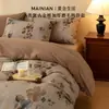 Juego de ropa de cama de cuatro piezas de algodón cepillado grueso vintage de alta gama, sábanas de algodón puro de alta calidad, funda de edredón, sábana bajera, ropa de cama de lujo ligero