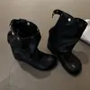 Botines Retro de Piel de Vaca de Canal Mango Botas Versátiles de Media Caña para Mujer Tacón Bajo Caña Ancha Hebilla de Cinturón Remaches Botas de Caballero