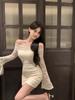 Vestido de encaje hueco con manga de cuerno en el hombro para mujer, primavera, otoño e invierno, cintura ajustada, vestido ajustado, falda sexy para cadera
