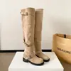Botas de Vaquero Western Retro para Mujer Punta Redonda Tacón Grueso Caña Ancha Caídas Hebilla de Cinturón Gamuza Adelgazantes Hasta la Rodilla Botas Largas de Caballero