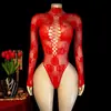 Comercio Electrónico Transfronterizo Estilo Europeo y Americano Lencería Sexy Body de Cuello Alto y Manga Larga Malla Jacquard Hueco Transparente Body de Puro Deseo