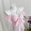 Camiseta de Muñeca con Mangas Abullonadas y Cintura Ajustada Estilo Y2K para Mujer, Estilo Europeo y Americano, Verano Dulce Chica, Cuello Halter Hombros Descubiertos Adelgazante Moño Rosa