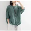 Tailandia talla grande holgada talla grande casual camiseta mujer manga murciélago dobladillo con cordón cuello redondo manga corta imitación algodón lino top