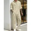 Conjunto de dos piezas de lino de color liso para hombre de Amazon transfronterizo, camisa de manga larga y pantalones, traje casual suelto de verano transpirable